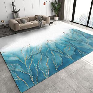 modern european style white blue plant leaves area rug, abstract golden geometric line art bedroom rug, with anti-slip easy clean carpet for living room bedroom kitchen dining room-5x7ft