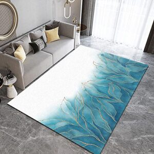 Modern European Style White Blue Plant Leaves Area Rug, Abstract Golden Geometric Line Art Bedroom Rug, with Anti-Slip Easy Clean Carpet for Living Room Bedroom Kitchen Dining Room-5x7ft