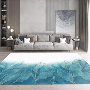 Modern European Style White Blue Plant Leaves Area Rug, Abstract Golden Geometric Line Art Bedroom Rug, with Anti-Slip Easy Clean Carpet for Living Room Bedroom Kitchen Dining Room-5x7ft