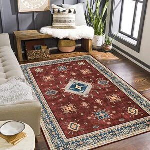 lahome persian washable rug – 3 x 5 rugs for living room ultra-thin bedroom rugs non-slip vintage dining room rug oriental soft area rugs for entryway carpet kitchen bathroom office (3’x5′,amber red)