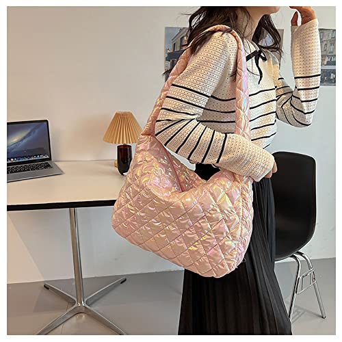 Puffer Tote Bag Quilted Crossbody Bag for Women Trendy Puffy Purse Messenger Handbags Down Padded Shoulder Bag (Pink)