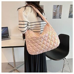 Puffer Tote Bag Quilted Crossbody Bag for Women Trendy Puffy Purse Messenger Handbags Down Padded Shoulder Bag (Pink)