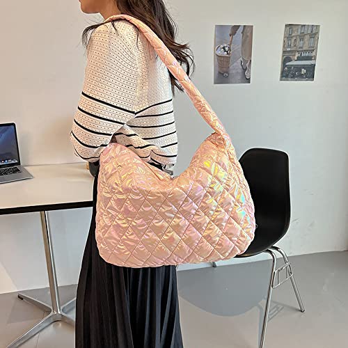 Puffer Tote Bag Quilted Crossbody Bag for Women Trendy Puffy Purse Messenger Handbags Down Padded Shoulder Bag (Pink)