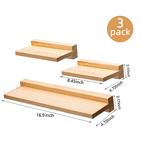 babaka Floating Shelves 3 PCS, Rustic Natural Wood Display Wall Shelf for Organize Bedroom, Living Room, Farmhouse, Kitchen, Bathroom. Traditional Wooden Simple Storage Home Decor Wall Mounted