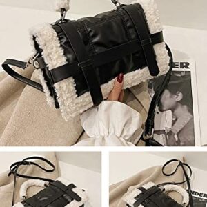 Winter Faux Fur Trim Shoulder Bag Women PU Leather Tote Bag Solid Color Tote Handbag Crossbody Bag for Women