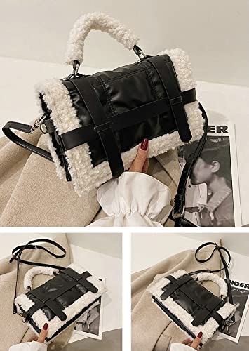 Winter Faux Fur Trim Shoulder Bag Women PU Leather Tote Bag Solid Color Tote Handbag Crossbody Bag for Women