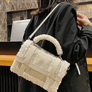 Winter Faux Fur Trim Shoulder Bag Women PU Leather Tote Bag Solid Color Tote Handbag Crossbody Bag for Women