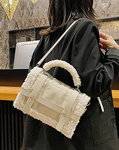 Winter Faux Fur Trim Shoulder Bag Women PU Leather Tote Bag Solid Color Tote Handbag Crossbody Bag for Women