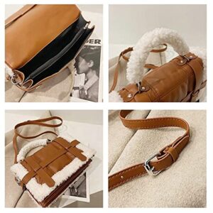 Winter Faux Fur Trim Shoulder Bag Women PU Leather Tote Bag Solid Color Tote Handbag Crossbody Bag for Women