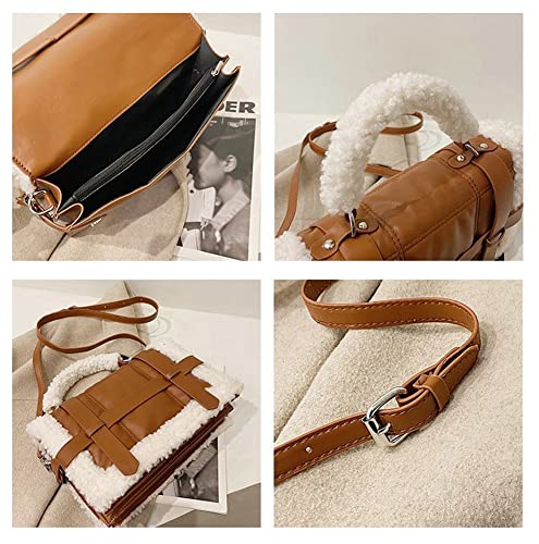 Winter Faux Fur Trim Shoulder Bag Women PU Leather Tote Bag Solid Color Tote Handbag Crossbody Bag for Women