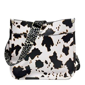 women shoulder bag vintage crossbody purse handbag with leopard guitar strap hobo satchel bag, cow-white