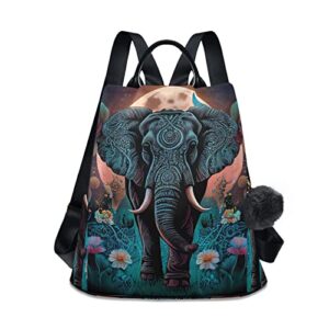 nfmili boho elephant flower women’s backpack anti theft travel casual daypacks modern simple purse with fuzz ball key chain 13.4 x 5.9 x 15 inch