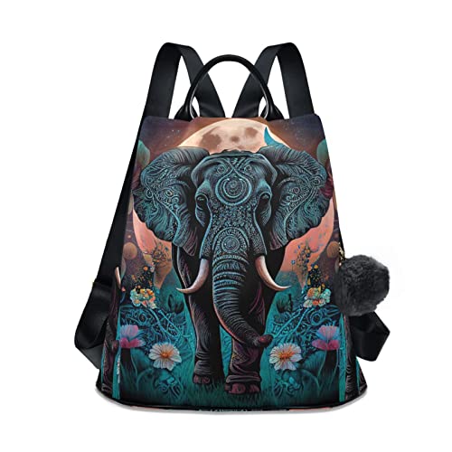 NFMILI Boho Elephant Flower Women's Backpack Anti Theft Travel Casual Daypacks Modern Simple Purse with Fuzz Ball Key Chain 13.4 X 5.9 X 15 inch