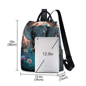 NFMILI Boho Elephant Flower Women's Backpack Anti Theft Travel Casual Daypacks Modern Simple Purse with Fuzz Ball Key Chain 13.4 X 5.9 X 15 inch