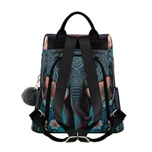 NFMILI Boho Elephant Flower Women's Backpack Anti Theft Travel Casual Daypacks Modern Simple Purse with Fuzz Ball Key Chain 13.4 X 5.9 X 15 inch