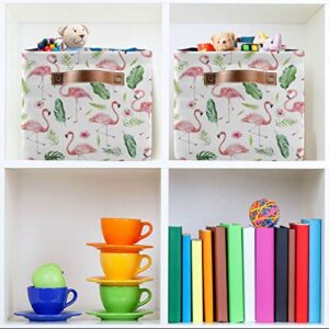 Kigai Jungle Foliage Flamingo Storage Bins for Shelves, Storage Basket with Double Handle, Foldable Storage Cubes with Metal Frame, Rectangular Closet Organizer Containers for Home Bedroom