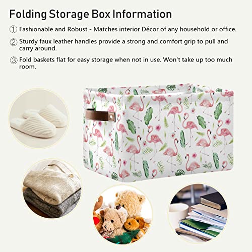 Kigai Jungle Foliage Flamingo Storage Bins for Shelves, Storage Basket with Double Handle, Foldable Storage Cubes with Metal Frame, Rectangular Closet Organizer Containers for Home Bedroom