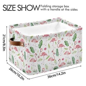 Kigai Jungle Foliage Flamingo Storage Bins for Shelves, Storage Basket with Double Handle, Foldable Storage Cubes with Metal Frame, Rectangular Closet Organizer Containers for Home Bedroom