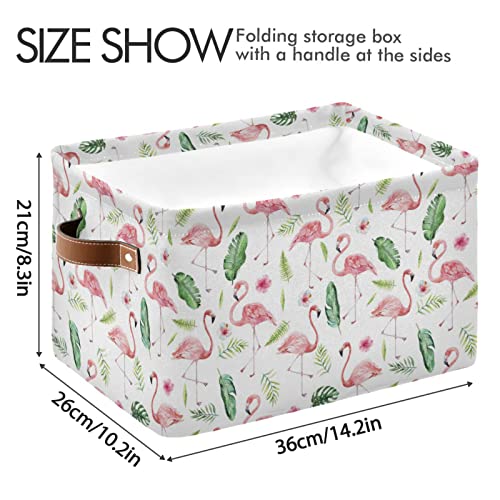 Kigai Jungle Foliage Flamingo Storage Bins for Shelves, Storage Basket with Double Handle, Foldable Storage Cubes with Metal Frame, Rectangular Closet Organizer Containers for Home Bedroom