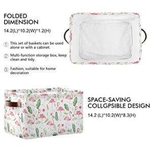 Kigai Jungle Foliage Flamingo Storage Bins for Shelves, Storage Basket with Double Handle, Foldable Storage Cubes with Metal Frame, Rectangular Closet Organizer Containers for Home Bedroom