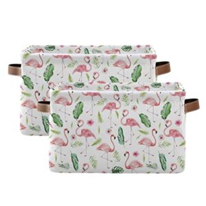 Kigai Jungle Foliage Flamingo Storage Bins for Shelves, Storage Basket with Double Handle, Foldable Storage Cubes with Metal Frame, Rectangular Closet Organizer Containers for Home Bedroom