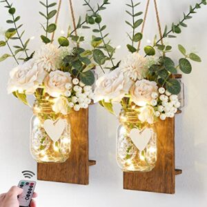 party joy mason jar sconces set of 2 spring decor wall decor rustic wall sconces with remote control led fairy lights and artificial flowers bathroom decor home decor with lights