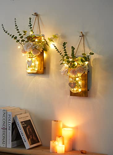 Party Joy Mason Jar Sconces Set of 2 Spring Decor Wall Decor Rustic Wall Sconces with Remote Control LED Fairy Lights and Artificial Flowers Bathroom Decor Home Decor with Lights