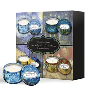 fine art inspired scented candles gift set, aromatherapy 8% essential oil fragrance, 4 pack 4.4 oz soy wax candles, reusable decorative tin, 25-30 hour burn time each candle | van gogh at night