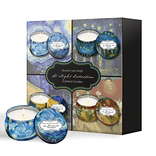 Fine Art Inspired Scented Candles Gift Set, Aromatherapy 8% Essential Oil Fragrance, 4 Pack 4.4 oz Soy Wax Candles, Reusable Decorative Tin, 25-30 Hour Burn Time Each Candle | Van Gogh at Night