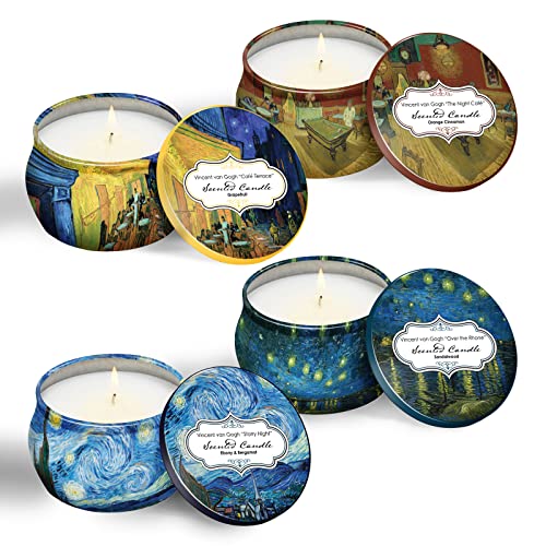 Fine Art Inspired Scented Candles Gift Set, Aromatherapy 8% Essential Oil Fragrance, 4 Pack 4.4 oz Soy Wax Candles, Reusable Decorative Tin, 25-30 Hour Burn Time Each Candle | Van Gogh at Night