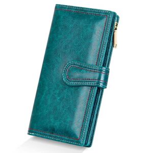 youbdm leather wallets for women large capacity credit card holder ladies travel clutch purse bifold oil wax wallet with zipper pocket