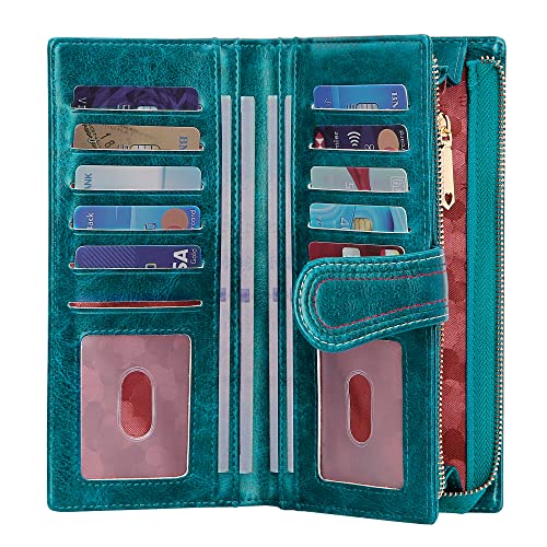 YOUBDM Leather Wallets for Women Large Capacity Credit Card Holder Ladies Travel Clutch Purse Bifold Oil Wax Wallet with Zipper Pocket