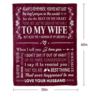 to My Wife Blanket Wife Christmas Birthday Gift Ideas Wedding Anniversary Romantic Gifts for Her Women Birthday for Wife from Husband Wife Gifts Wife Blanket 60" x 50" (Red)