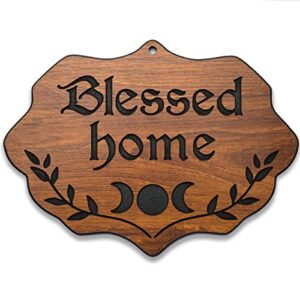 irisvita blessed home sign, wiccan decor, witch decor, wooden witchy room decor, farmhouse wall decor, gothic kitchen decor, witchy home decor, gothic home decor, 12 inches by 5 inches tall