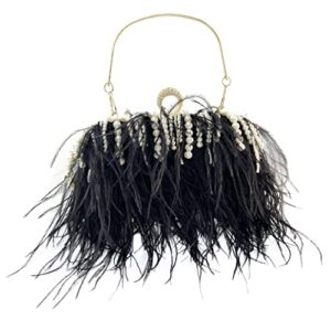 women’s ostrich feather evening handbags and clutches vintage tassel pearl chain crystal tote bags wedding party black