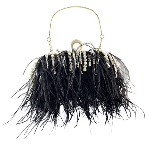 Women's Ostrich Feather Evening Handbags and Clutches Vintage Tassel Pearl Chain Crystal Tote Bags Wedding Party Black