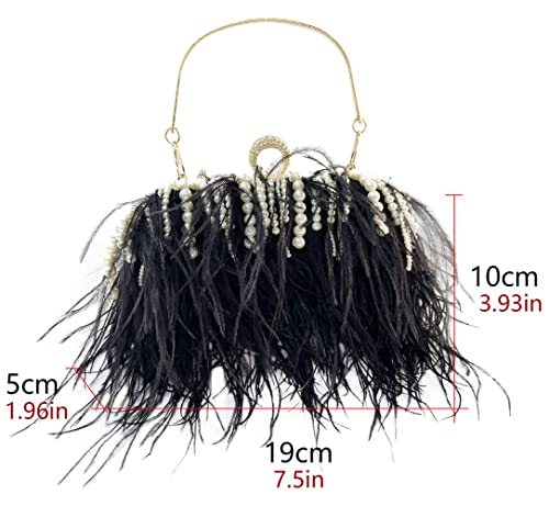 Women's Ostrich Feather Evening Handbags and Clutches Vintage Tassel Pearl Chain Crystal Tote Bags Wedding Party Black