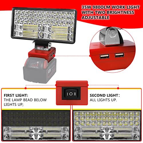 HLiePiHa LED Work Light for Milwaukee, Outdoor LED Light Flashlight, Lighting Spotlight Two USB Ports Suitable for Milwaukee 18V Li-ion Battery 48-11-1811 48-11-1812 48-11-1820 48-11-1828 (Tool Only)