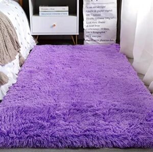 heavyoff fluffy shaggy area rugs for bedroom, soft non-slip plush carpet feet floor mats rectangular cozy rug for nursery room living room purple, 1.3 ft x 2 ft
