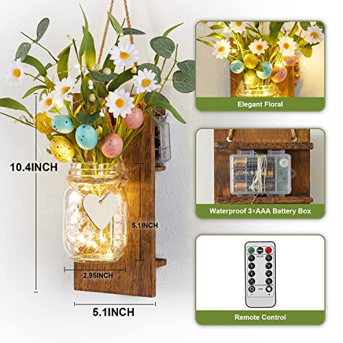 2 PACK Easter Decorations, Party Joy Easter Decor Mason Jar Sconces Rustic Wall Decor for Living Room Bathroom with Remote Control LED Fairy Lights and Artificial Flowers Spring Decorations for Home