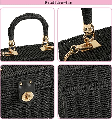 TaiGuri Women's Handmade Straw Rattan Woven Chain Purse Handbag Tote Shoulder Bag Black