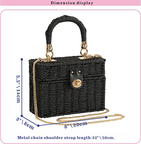 TaiGuri Women's Handmade Straw Rattan Woven Chain Purse Handbag Tote Shoulder Bag Black