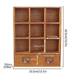 Multi-Slot Shelf Cube Display 9 Compartment Shadow Box Shelf for Collection Square Freestanding Case Farmhouse Décor,Wood Shadow Box Shelf,Wooden Table Top Display Organizer with 2 Pull Out Drawers