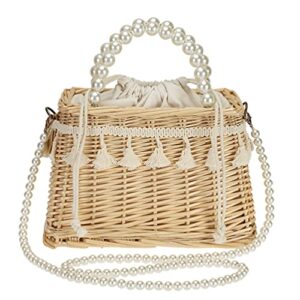 taiguri women’s handmade rattan basket artificial pearl woven purse handbag tote shoulder bag beige
