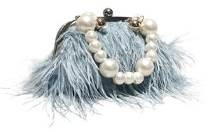 vintage fluffy ostrich feather evening bags and clutches for women pearl chain tote bags bridal purses wedding party blue