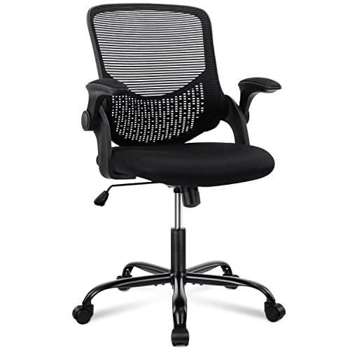 SMUG Home Office Mesh Desk Ergonomic Computer Flip Up Armrests Mid Back Lumbar Support Adjustable Swivel Task Chair, Black, 19D x 20W x 36H