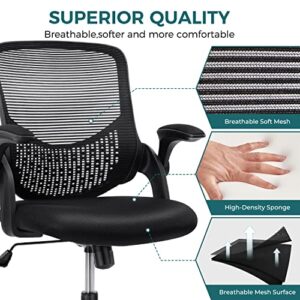 SMUG Home Office Mesh Desk Ergonomic Computer Flip Up Armrests Mid Back Lumbar Support Adjustable Swivel Task Chair, Black, 19D x 20W x 36H