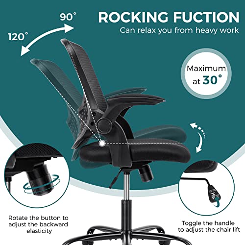 SMUG Home Office Mesh Desk Ergonomic Computer Flip Up Armrests Mid Back Lumbar Support Adjustable Swivel Task Chair, Black, 19D x 20W x 36H