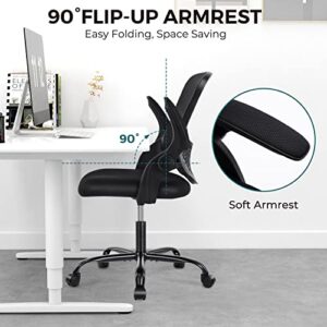 SMUG Home Office Mesh Desk Ergonomic Computer Flip Up Armrests Mid Back Lumbar Support Adjustable Swivel Task Chair, Black, 19D x 20W x 36H