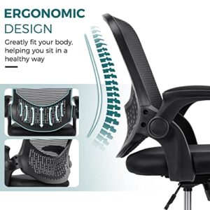 SMUG Home Office Mesh Desk Ergonomic Computer Flip Up Armrests Mid Back Lumbar Support Adjustable Swivel Task Chair, Black, 19D x 20W x 36H